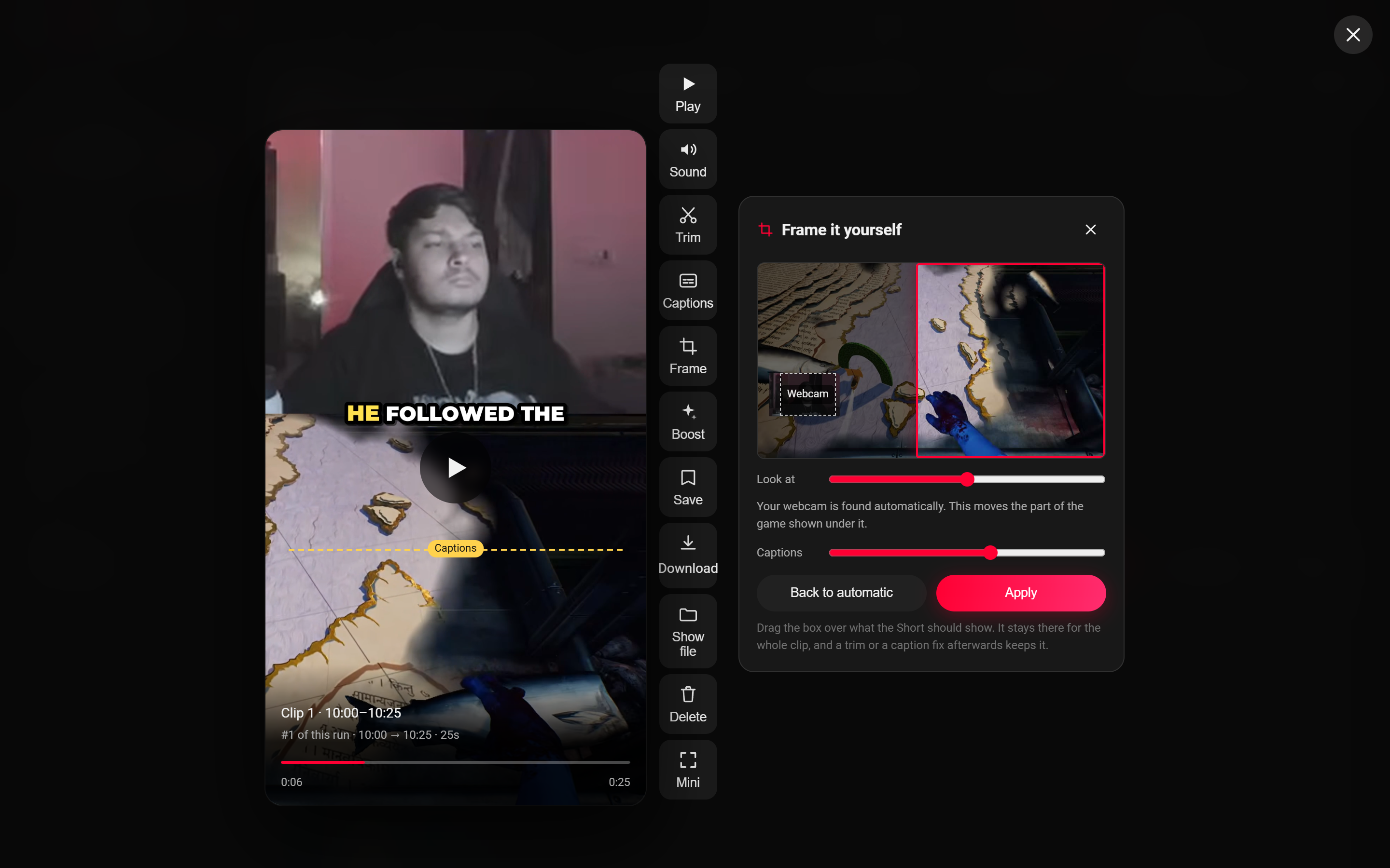 The clip player with the Frame panel open: the whole source picture with the part the Short shows boxed in red, the webcam marked as found automatically, and a line on the clip showing where the captions will land