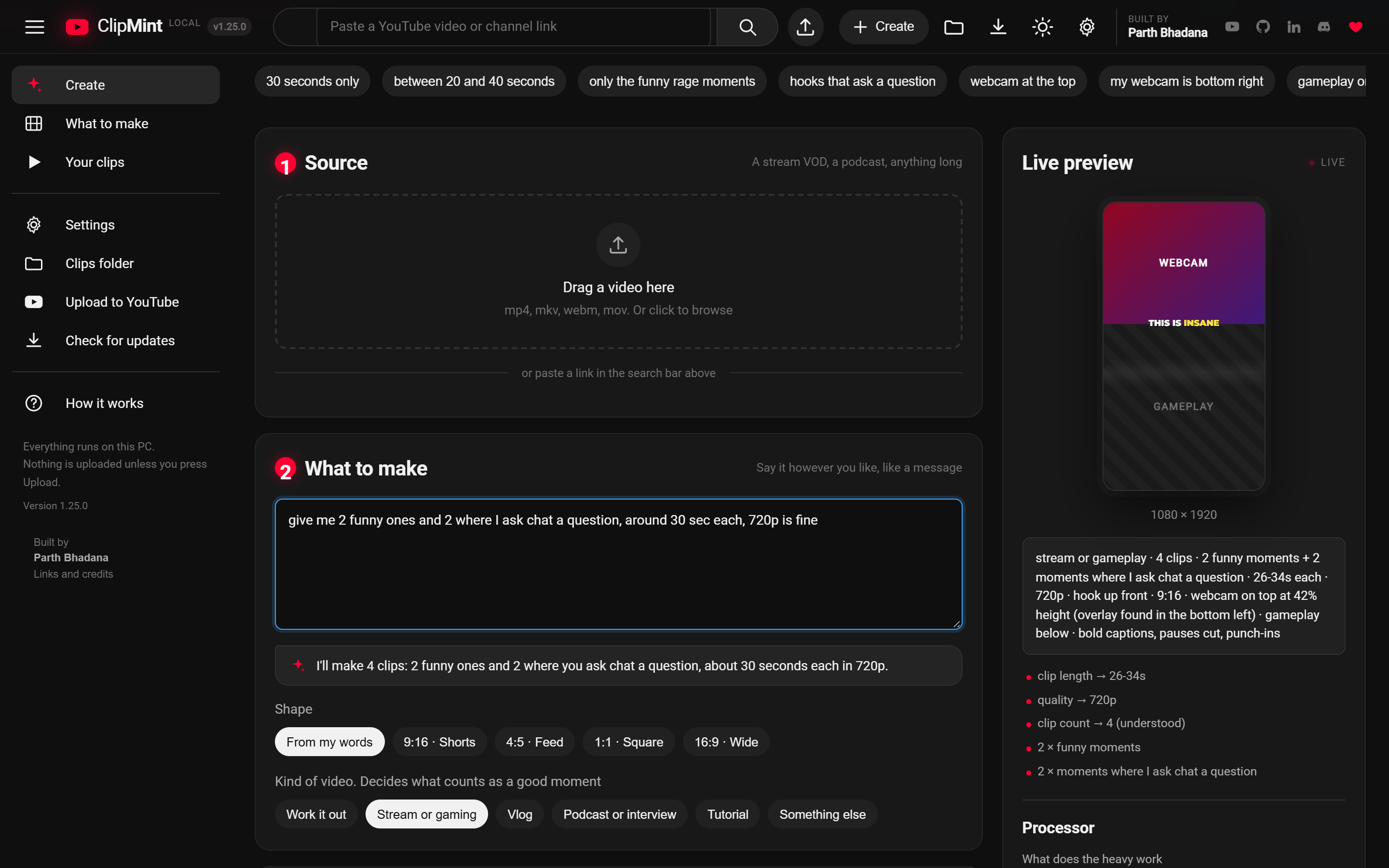 ClipMint's create screen: a layout prompt, the shape and kind-of-video pickers, and a live 9:16 preview