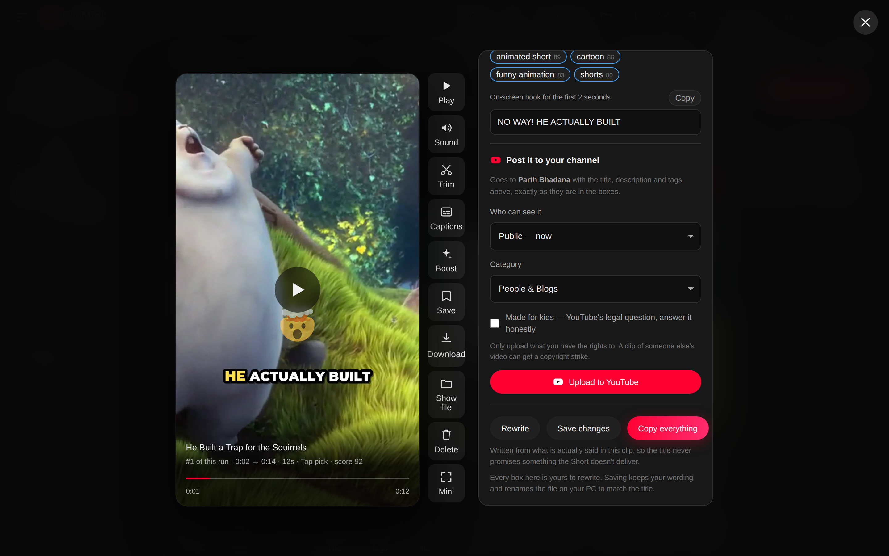 ClipMint's upload box on a clip: the channel it goes to, who can see it, the category, the made-for-kids question and the Upload to YouTube button